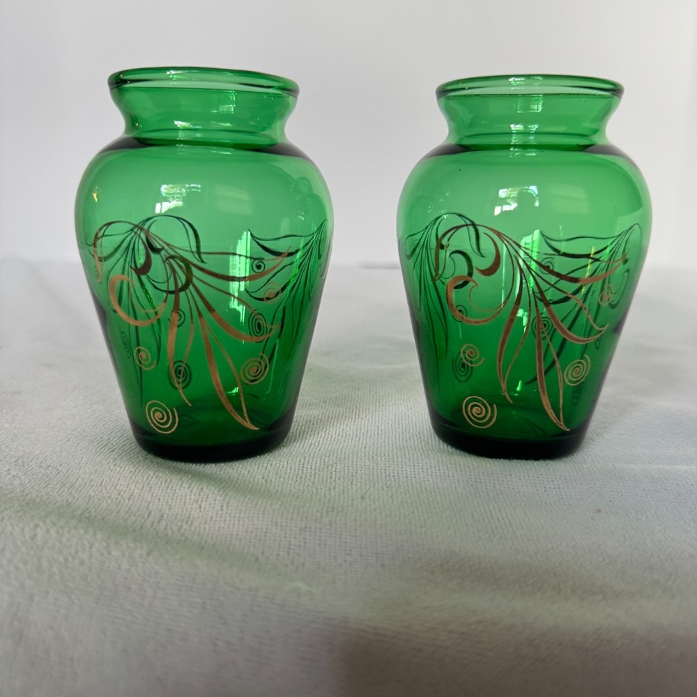 Anchor Hocking Vases Two Small Vintage Emerald Green & Gold Leaves MCM Glass